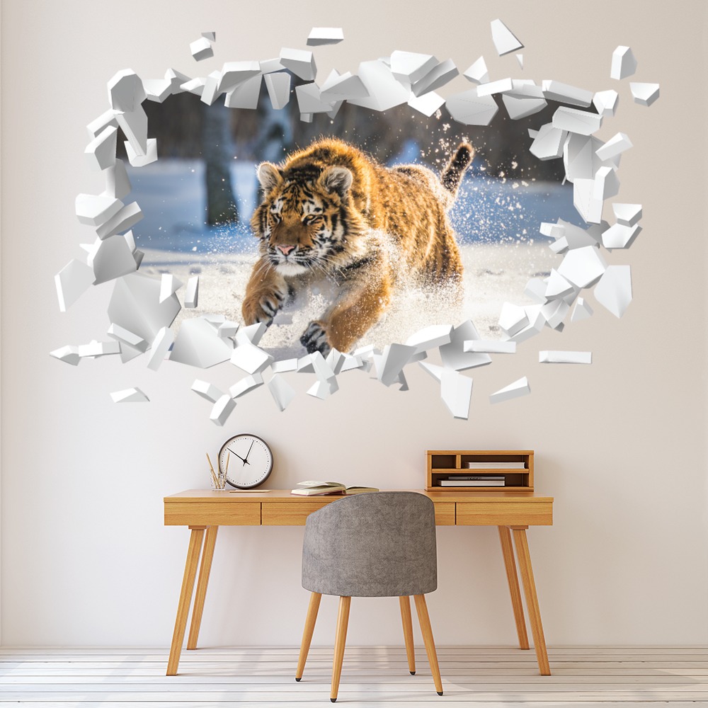 Siberian Tiger White Brick 3D Hole In The Wall Sticker | Icon Wall Stickers