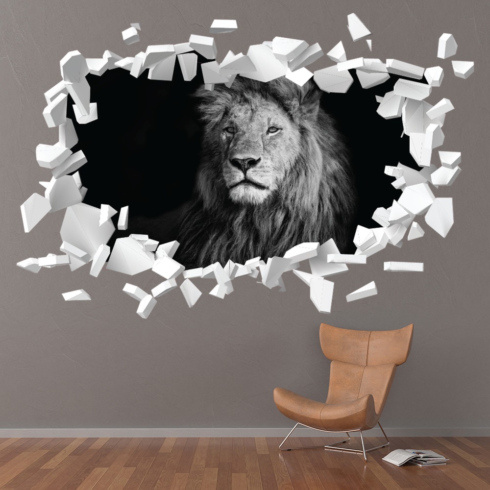 Lion Portrait White Brick 3D Hole In The Wall Sticker | Icon Wall Stickers
