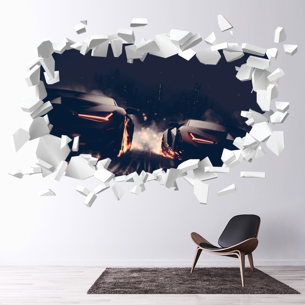 Night Race Car Sports White Brick 3D Hole In The Wall Sticker | Icon ...