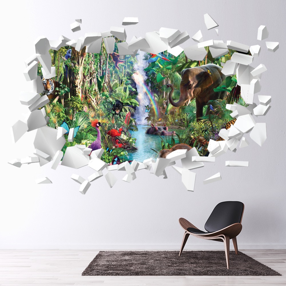 Watering Hole Jungle Animals White Brick 3D Hole In The Wall Sticker ...