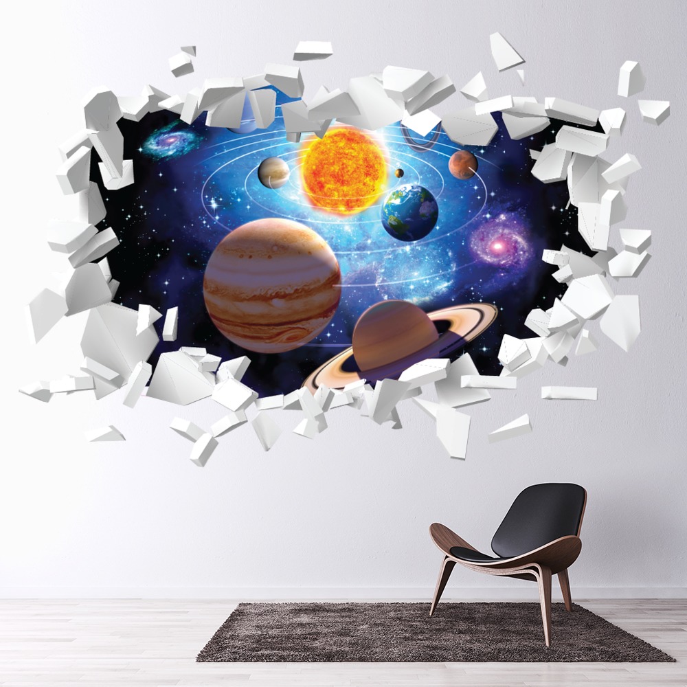 Solar System Space White Brick 3D Hole In The Wall Sticker | Icon Wall ...