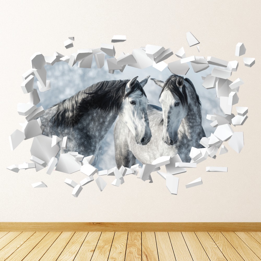 Two Horses White Brick 3D Hole In The Wall Sticker | Icon Wall Stickers