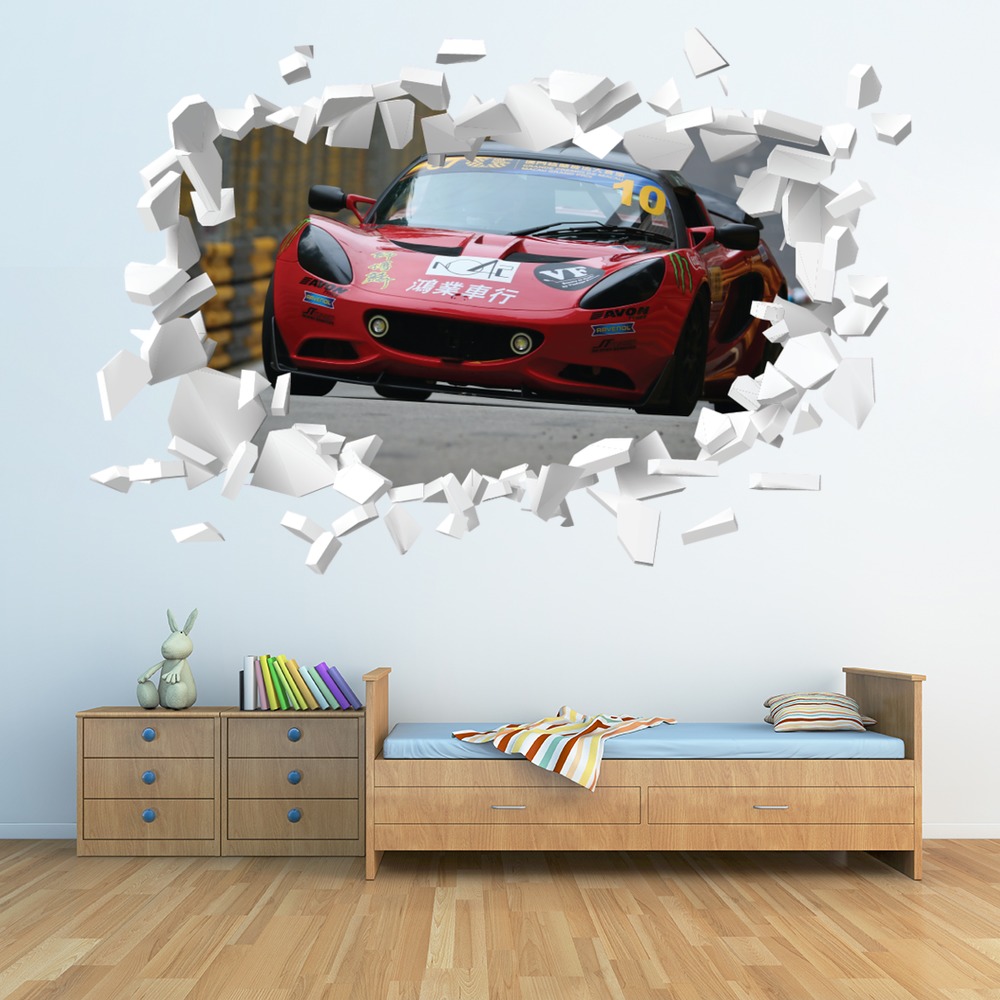 Red Race Car Sports White Brick 3D Hole In The Wall Sticker | Icon Wall ...