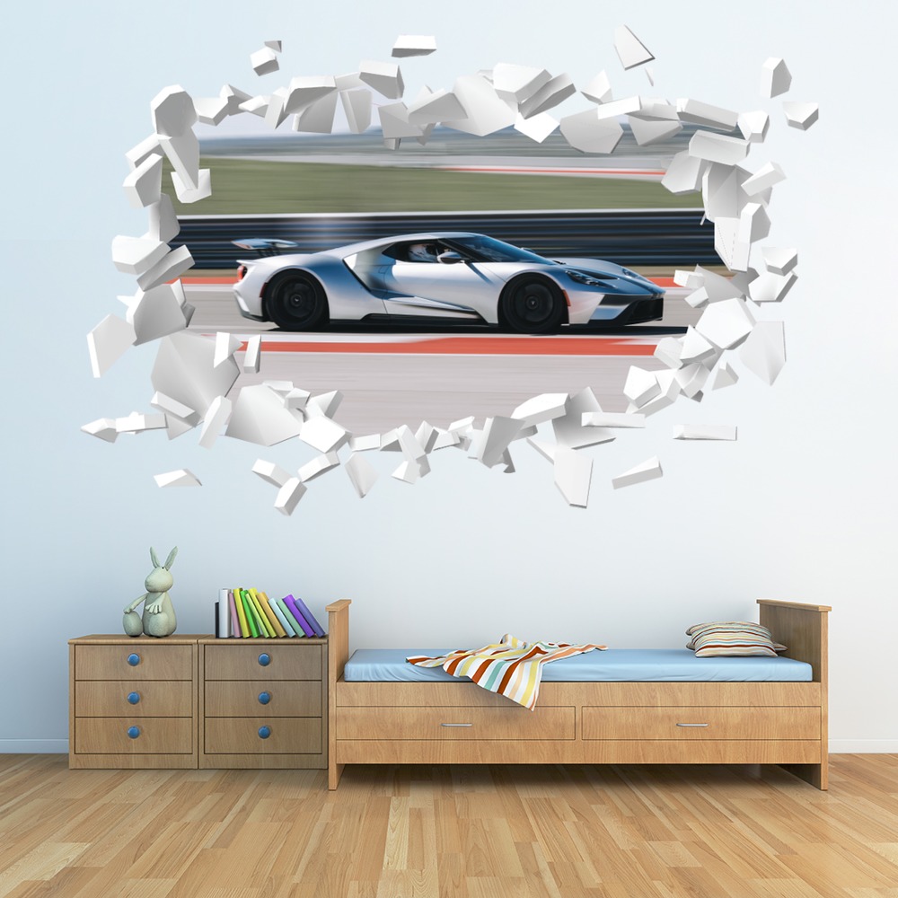 Race Car Ford White Brick 3D Hole In The Wall Sticker | Icon Wall Stickers