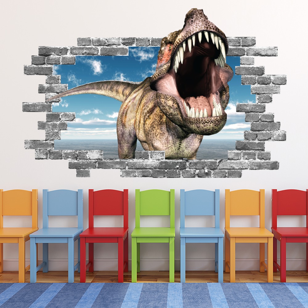 T-Rex Roar Jurassic Dinosaur Grey Brick 3D Hole In The Wall Sticker