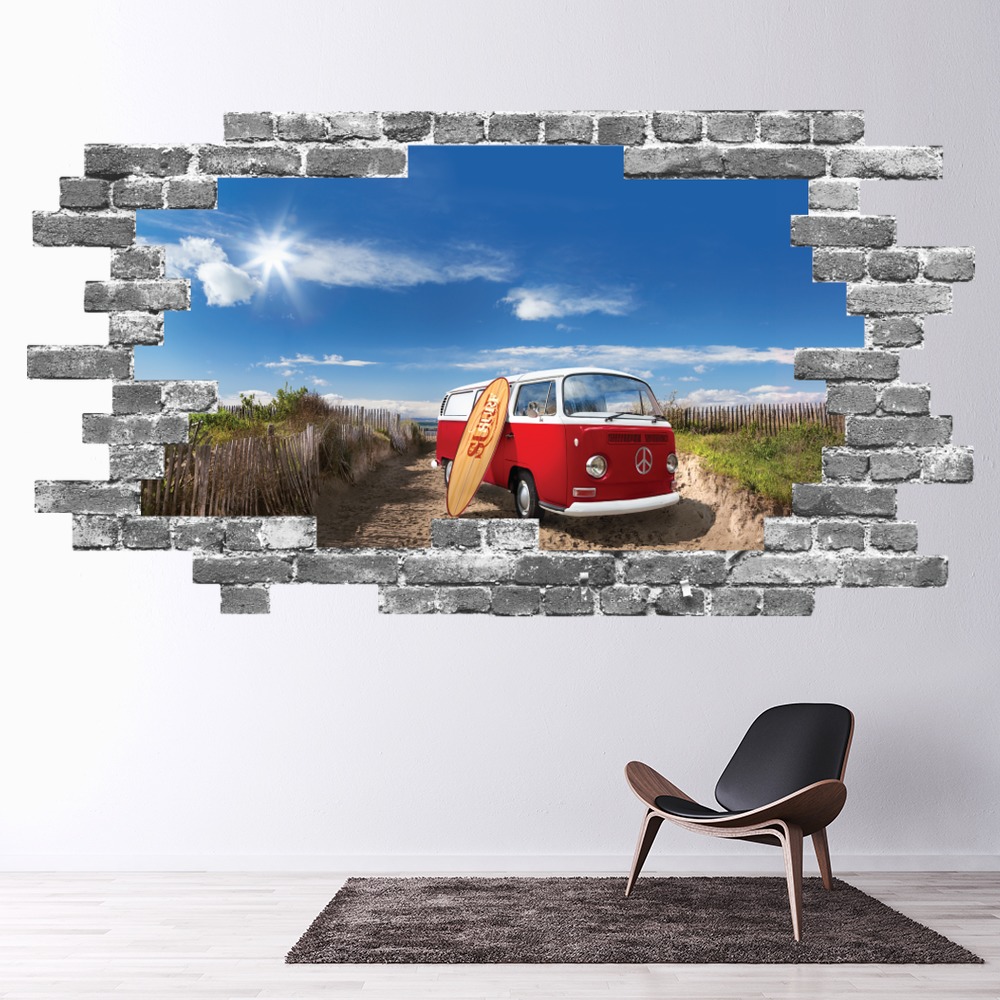 Red Campervan Beach Grey Brick 3D Hole In The Wall Sticker | Icon Wall ...