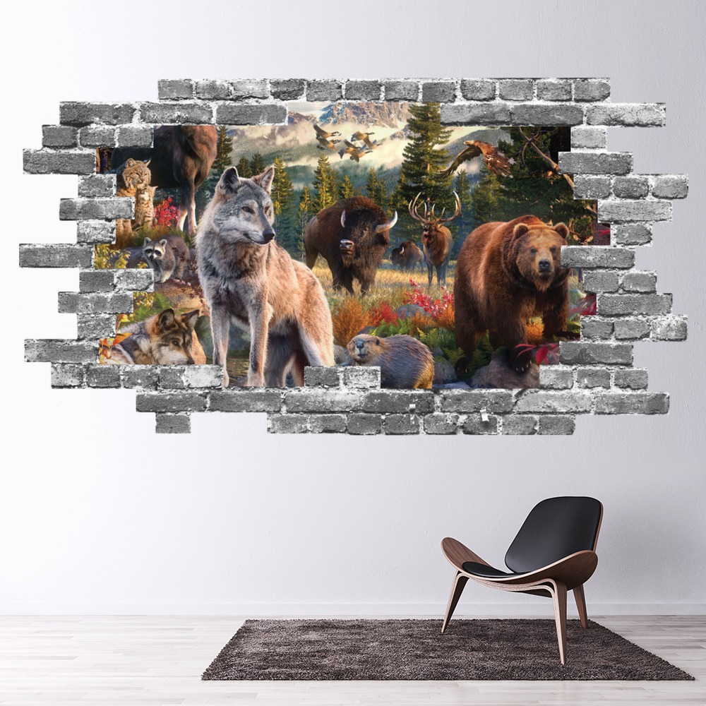 Woodland Animals Wolf Grey Brick 3D Hole In The Wall Sticker | Icon ...