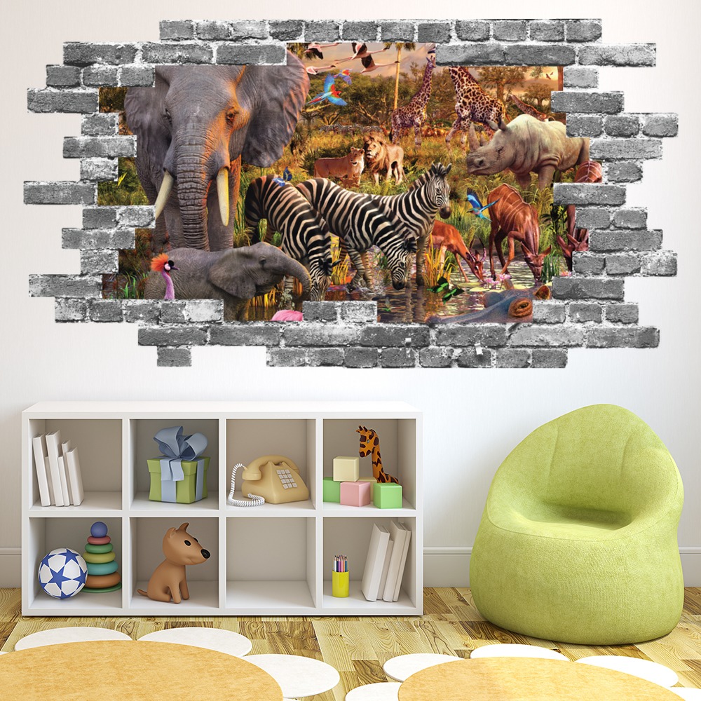 Safari Animals Elephant Zebra Grey Brick 3D Hole In The Wall Sticker ...