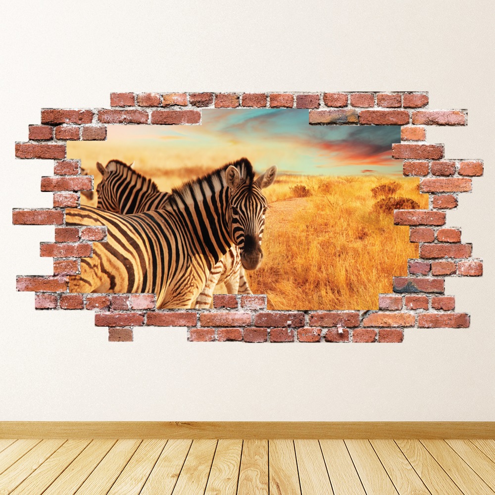 Zebra Safari Sunset Red Brick 3D Hole In The Wall Sticker | Icon Wall ...