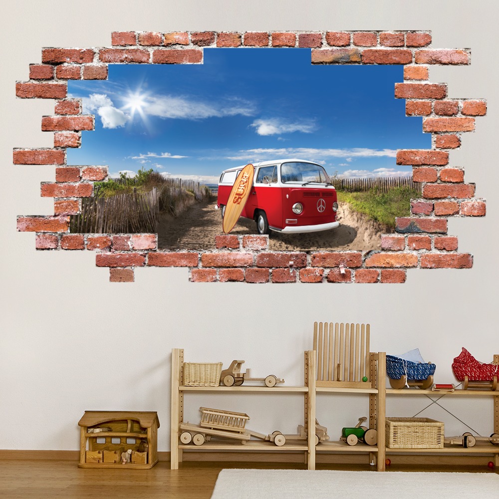 Red Campervan Red Brick 3D Hole In The Wall Sticker | Icon Wall Stickers