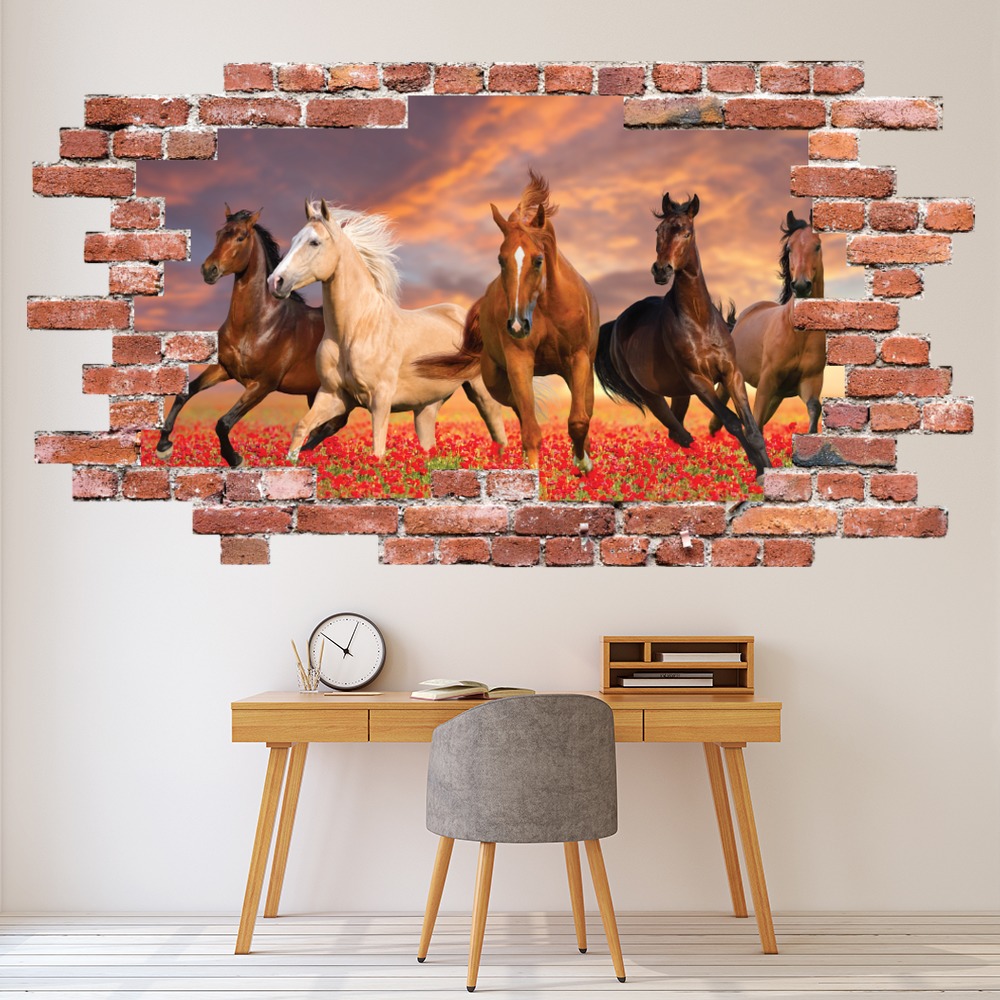 Wild Horses Red Brick 3D Hole In The Wall Sticker | Icon Wall Stickers