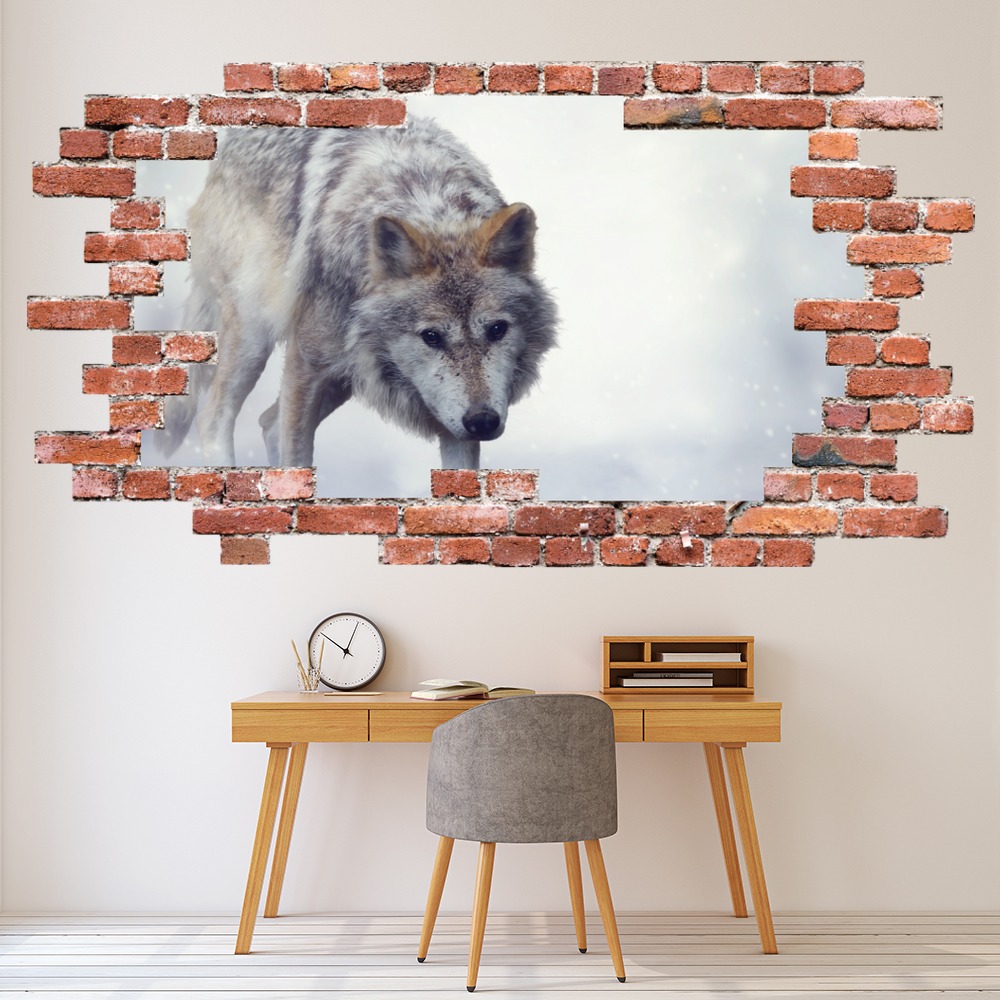 Grey Wolf Red Brick 3D Hole In The Wall Sticker | Icon Wall Stickers