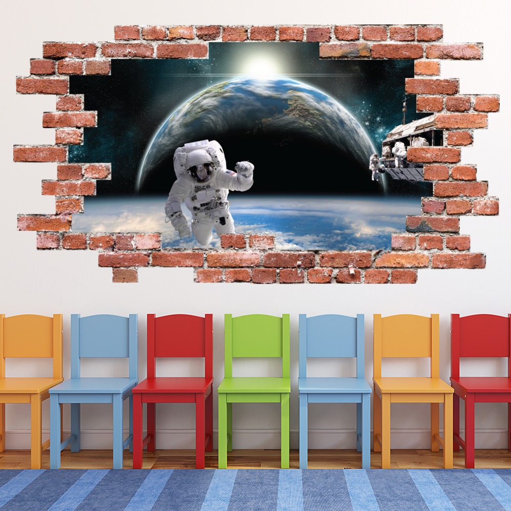 Astronaut Space Red Brick 3D Hole In The Wall Sticker | Icon Wall Stickers