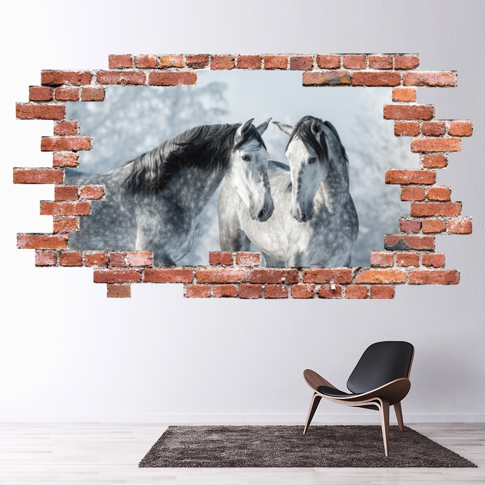 Two Horses Red Brick 3D Hole In The Wall Sticker | Icon Wall Stickers