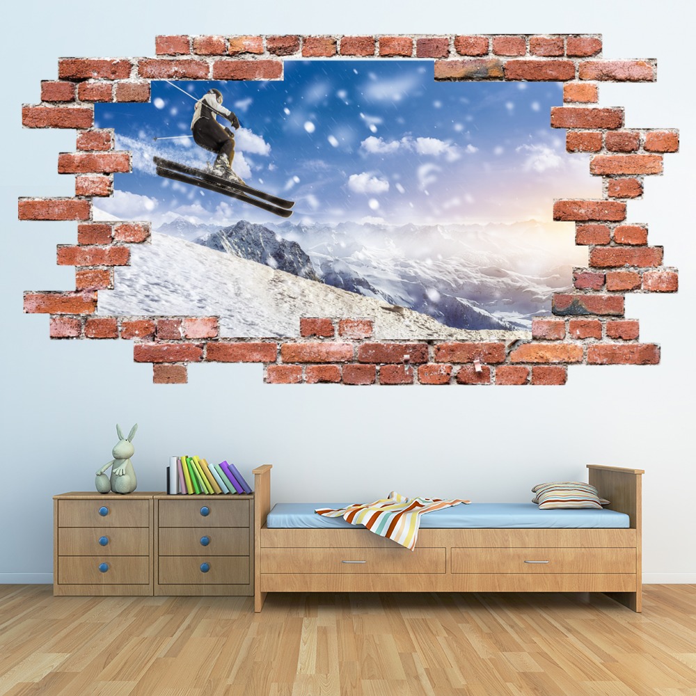 Snowboarding Winter Sports Red Brick 3D Hole In The Wall Sticker | Icon ...