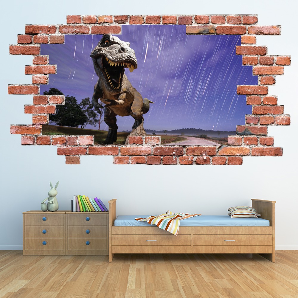 T-Rex Dinosaur Red Brick 3D Hole In The Wall Sticker | Icon Wall Stickers