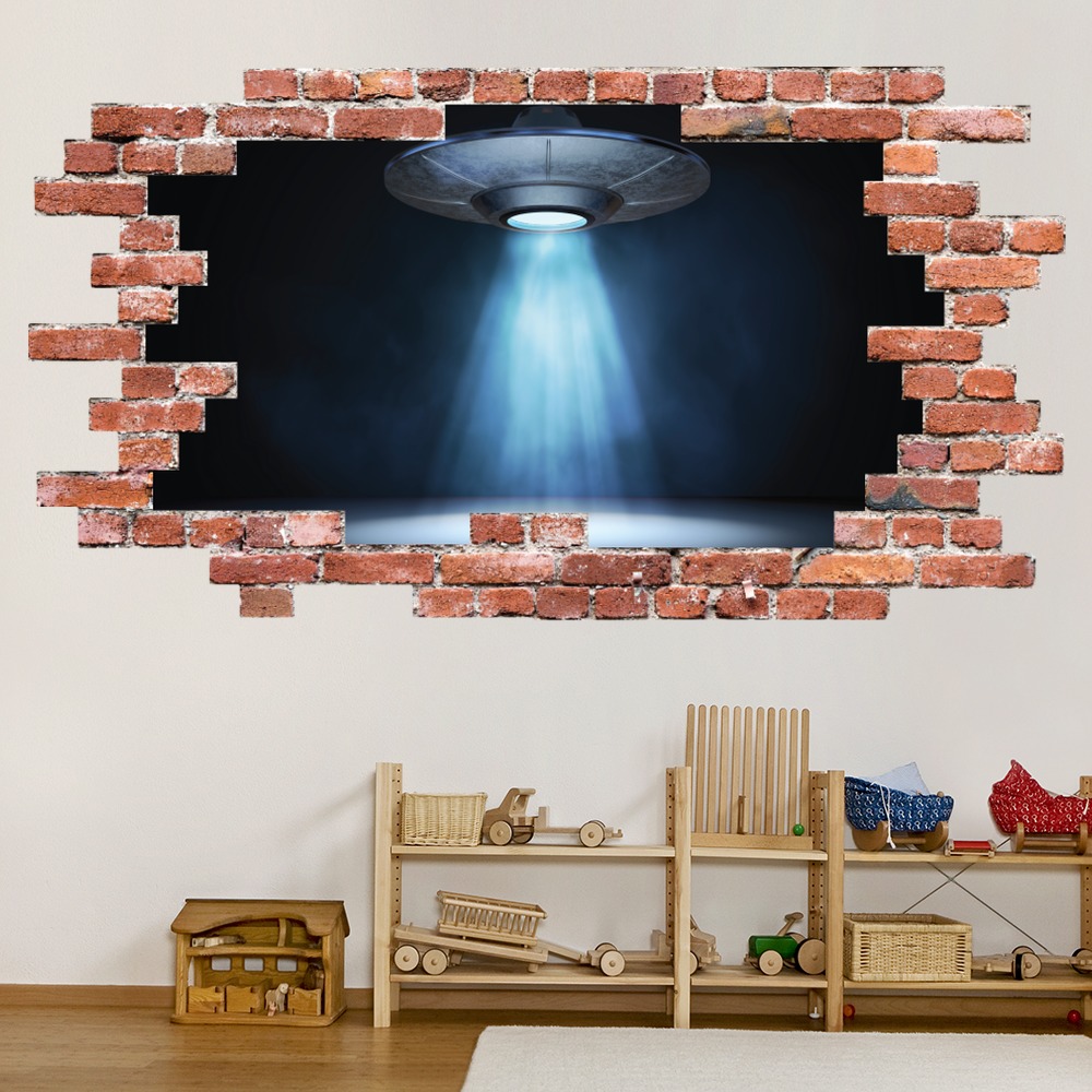 UFO Alien Spaceship Red Brick 3D Hole In The Wall Sticker | Icon Wall ...