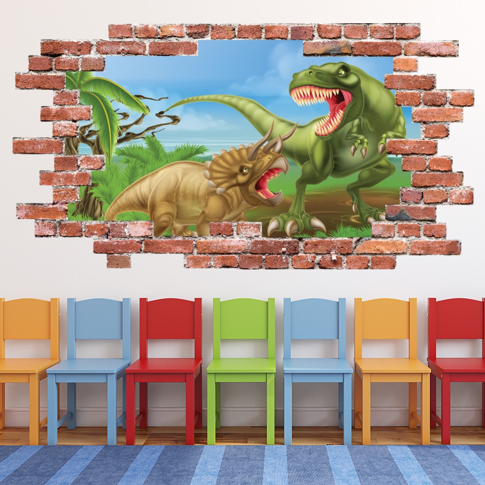 Dino Battle T-rex Red Brick 3D Hole In The Wall Sticker | Icon Wall ...