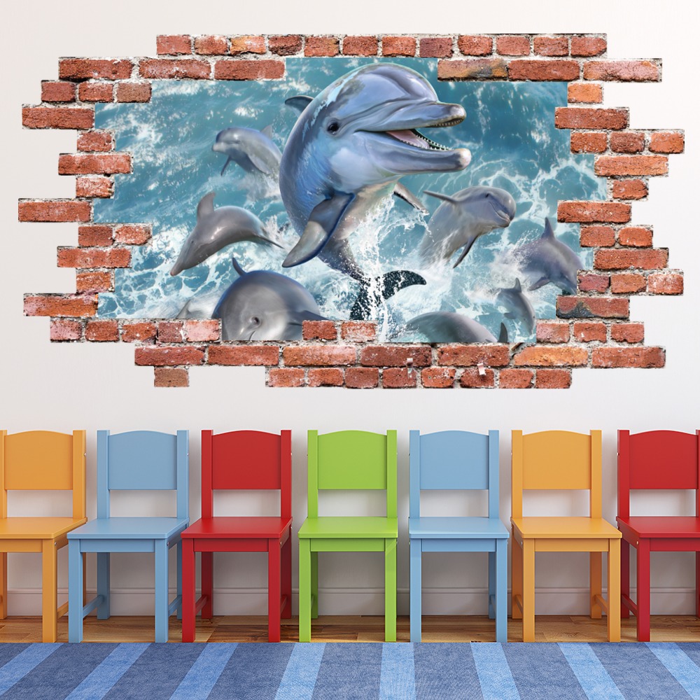 Dolphin Jump Red Brick 3D Hole In The Wall Sticker | Icon Wall Stickers
