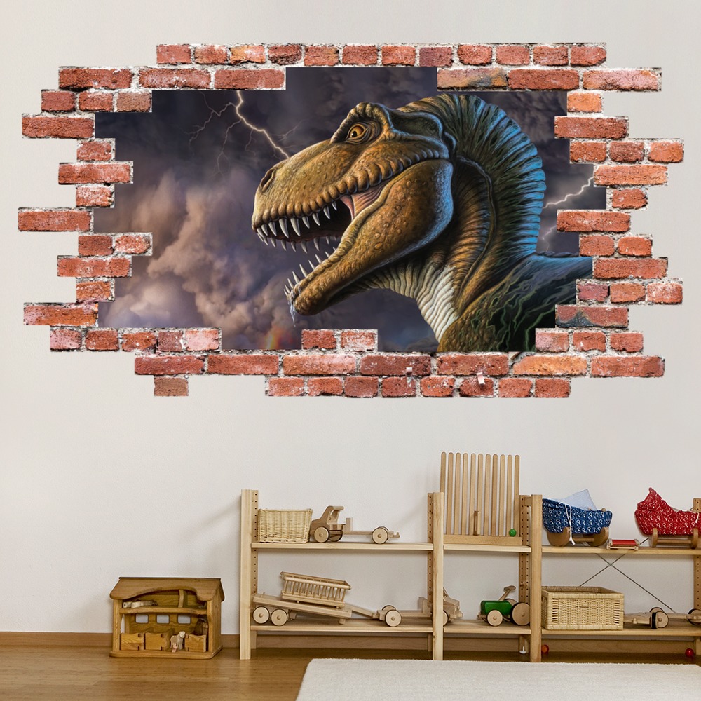 T-Rex Dinosaur Hunting Red Brick 3D Hole In The Wall Sticker | Icon ...