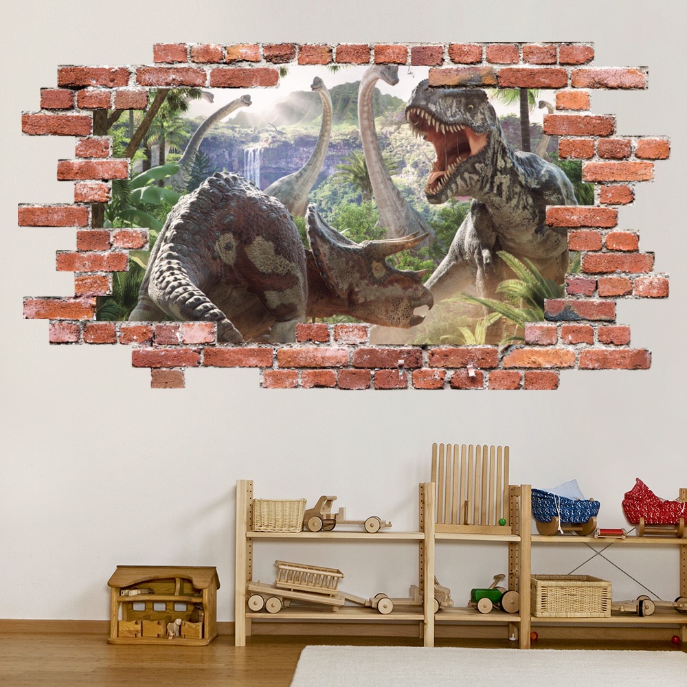 Battle Of The Dinosaurs T-rex Red Brick 3D Hole In The Wall Sticker ...