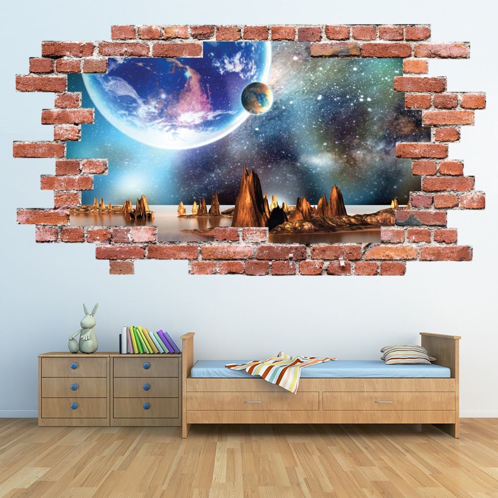Alien Landscape Red Brick 3D Hole In The Wall Sticker | Icon Wall Stickers