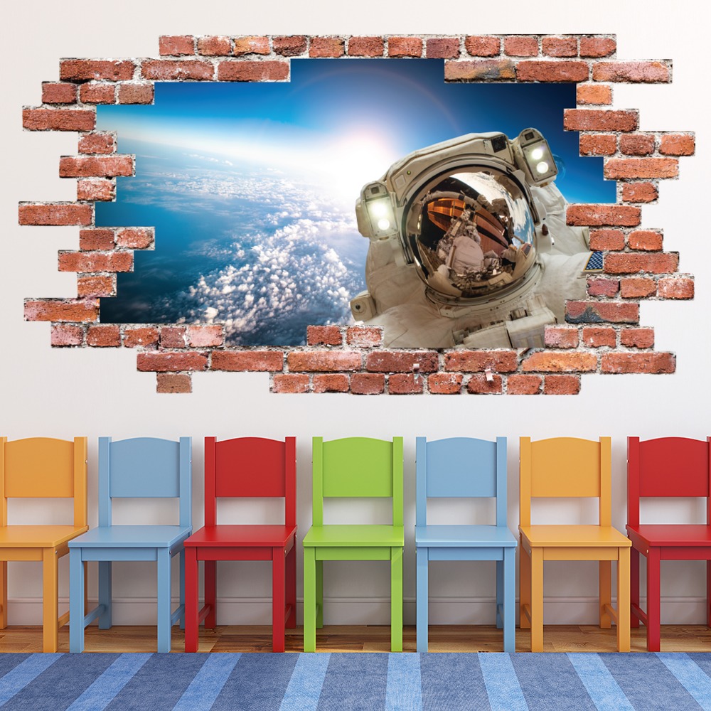 Astronaut In Space Red Brick 3D Hole In The Wall Sticker | Icon Wall ...