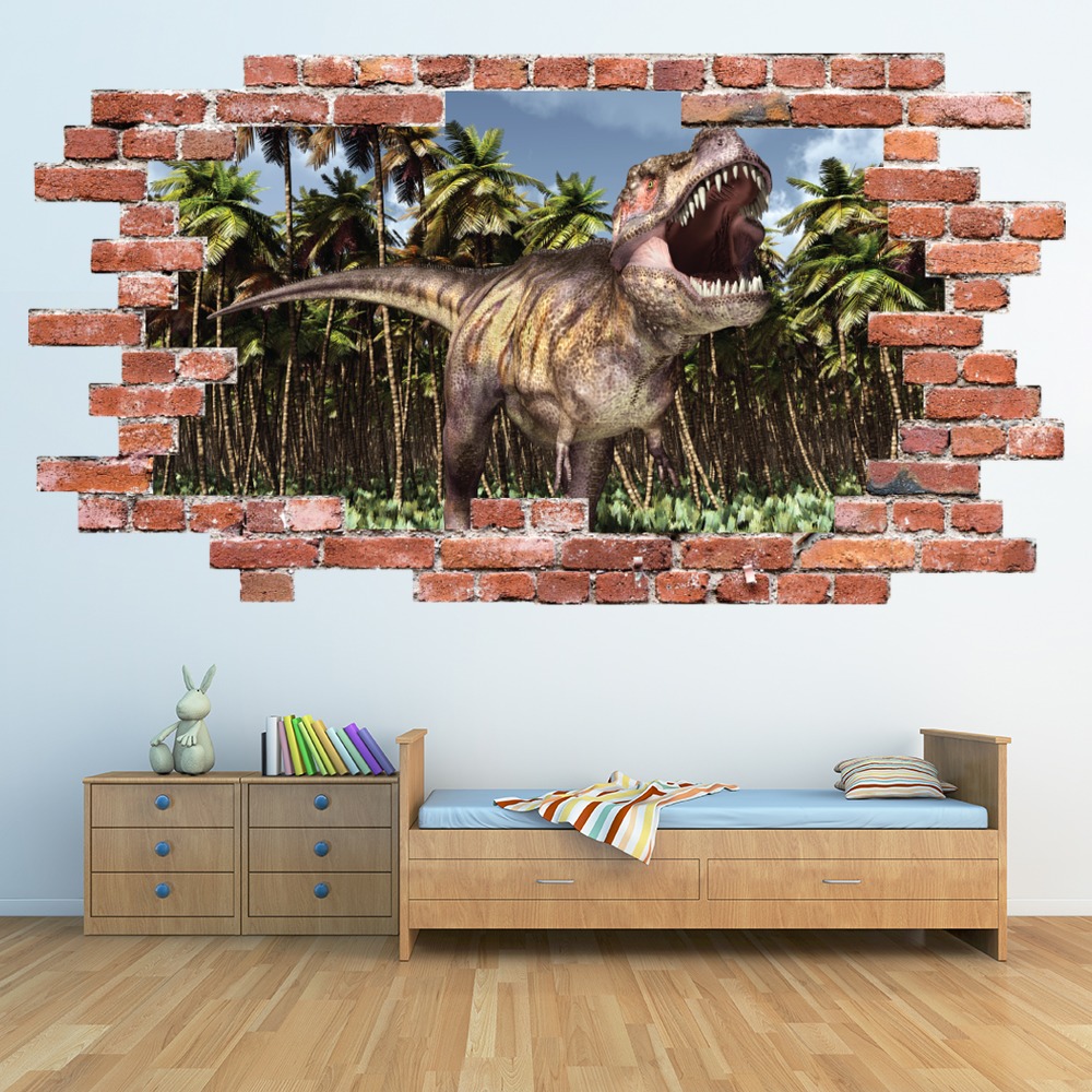 T-Rex Roar Red Brick 3D Hole In The Wall Sticker | Icon Wall Stickers