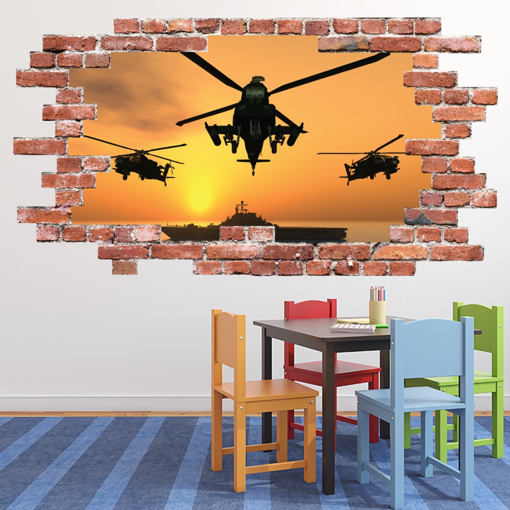 Army Helicopters Red Brick 3D Hole In The Wall Sticker | Icon Wall Stickers