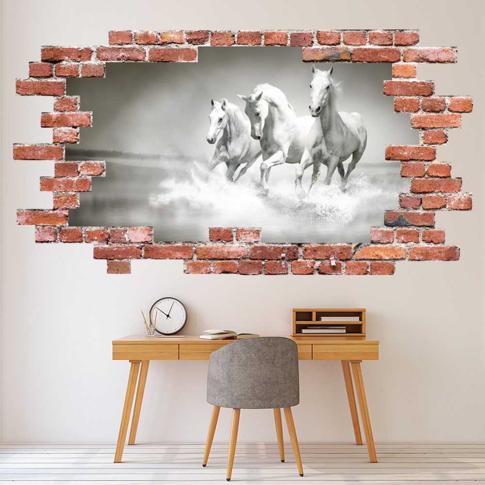 White Horses Red Brick 3D Hole In The Wall Sticker | Icon Wall Stickers