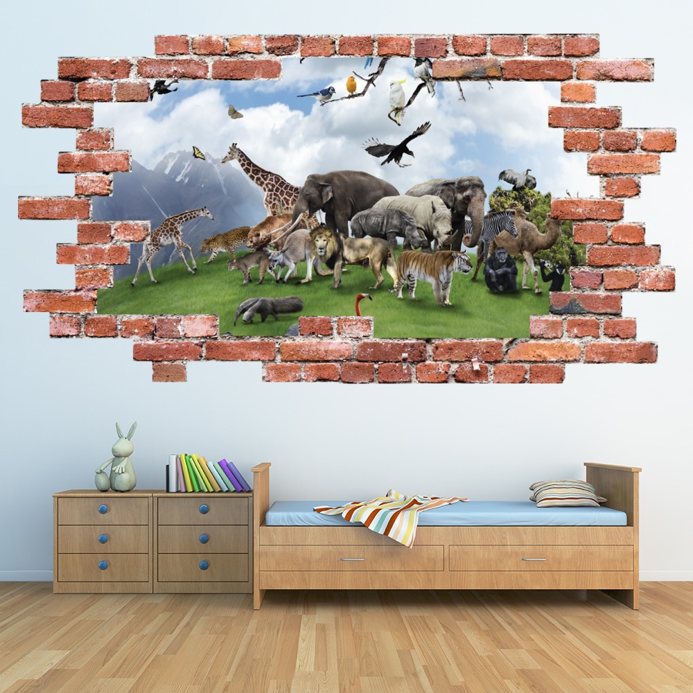 Wild Animals Red Brick 3D Hole In The Wall Sticker | Icon Wall Stickers