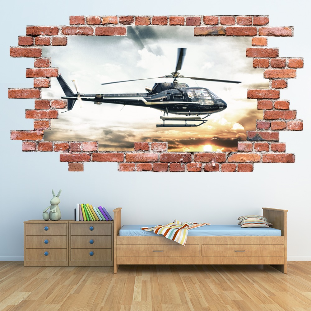 Helicopter Red Brick 3D Hole In The Wall Sticker | Icon Wall Stickers
