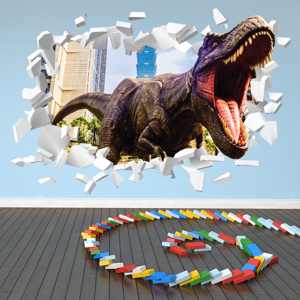 T-Rex Dino Attack White 3D Hole In The Wall Sticker | Icon Wall Stickers