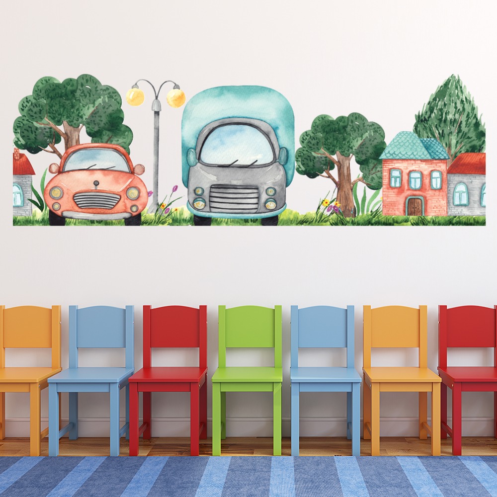 Car & lorry village Street Childrens Nursery Wall Sticker Scene