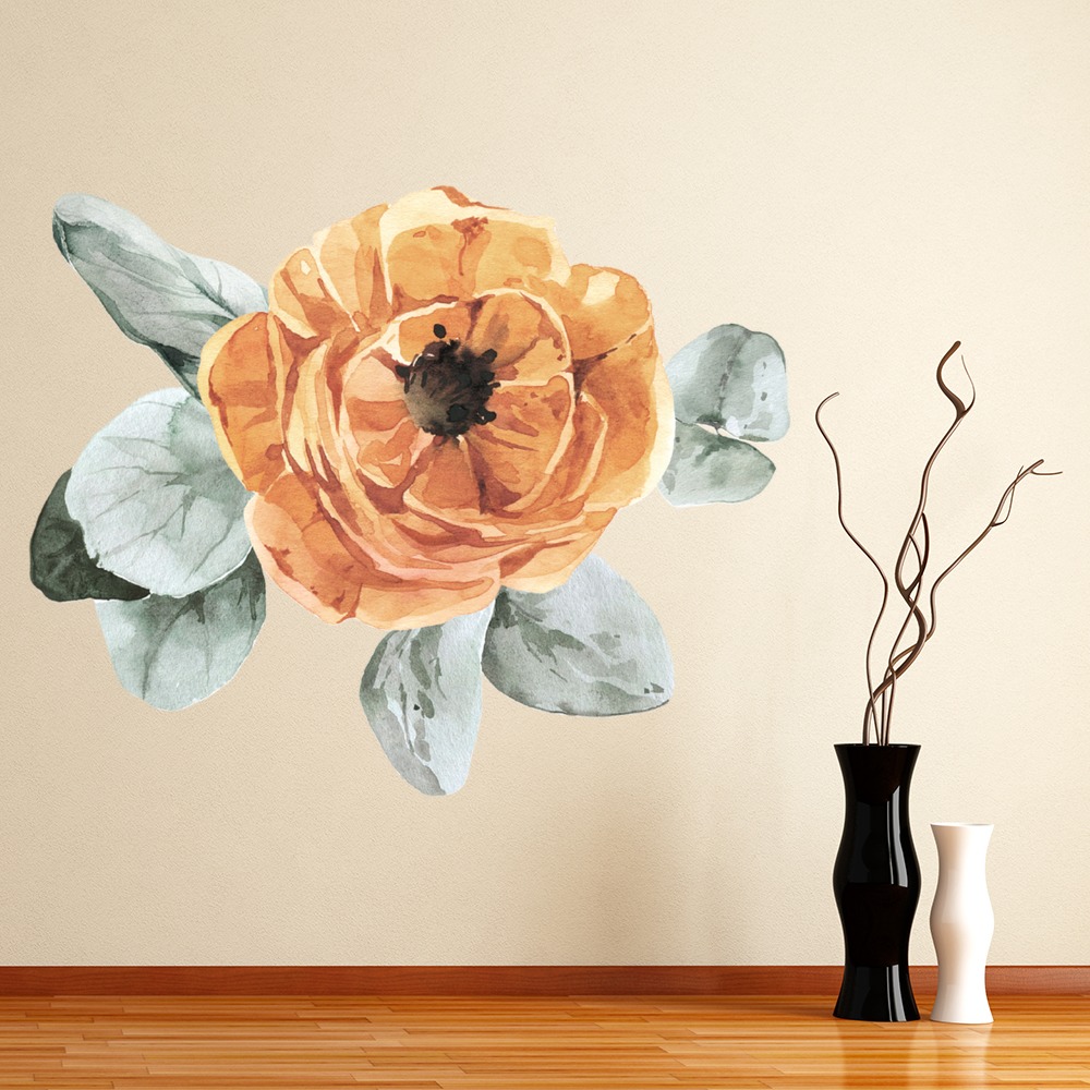 Orange Flower, Green Leaves Floral Decor Wall Sticker