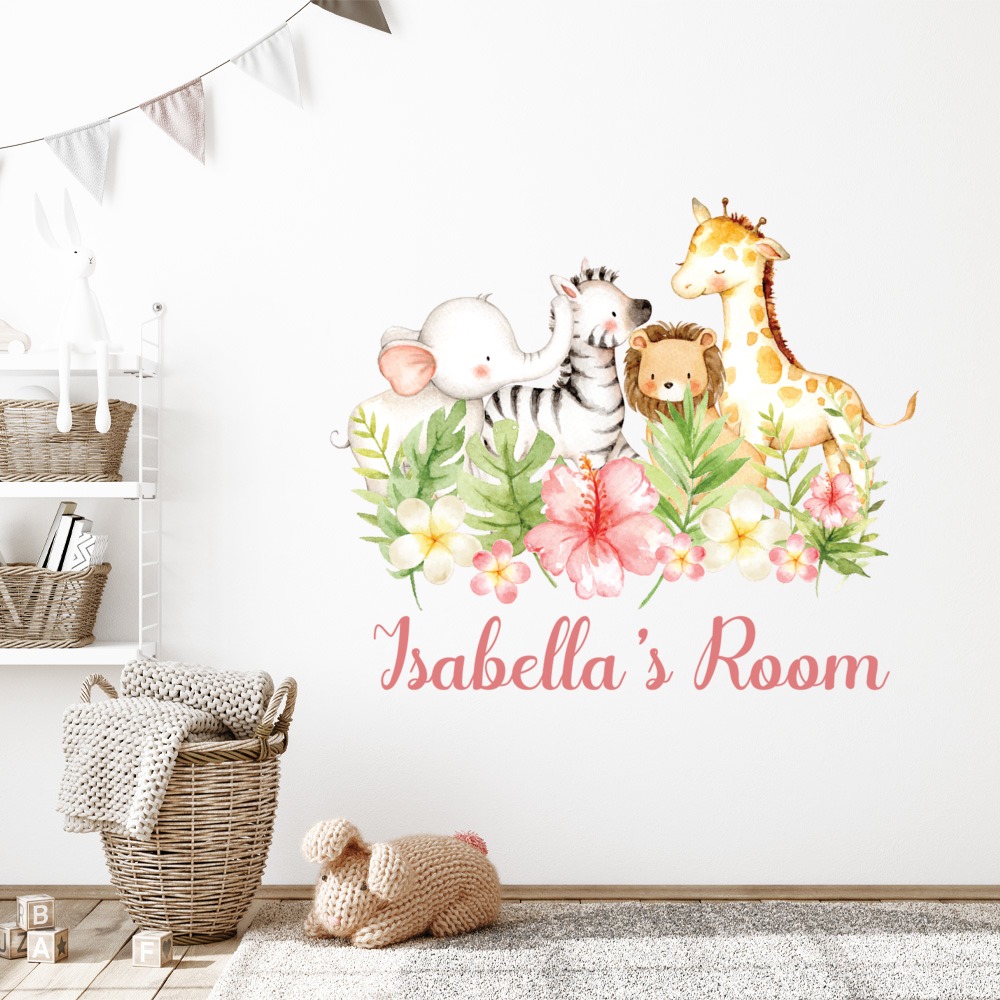 Personalised Name Tropical Safari Animals Nursery Wall Sticker