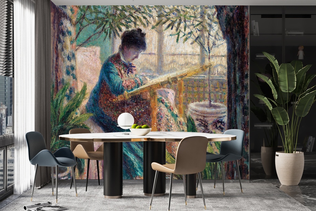 Madame Monet Embroidering (1875) Wall Mural Artist Claude Monet
