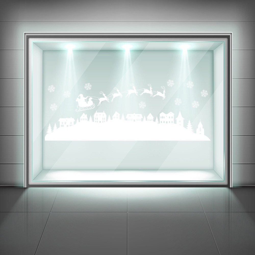 Santa Reindeer Over Christmas Village Frosted Window Sticker