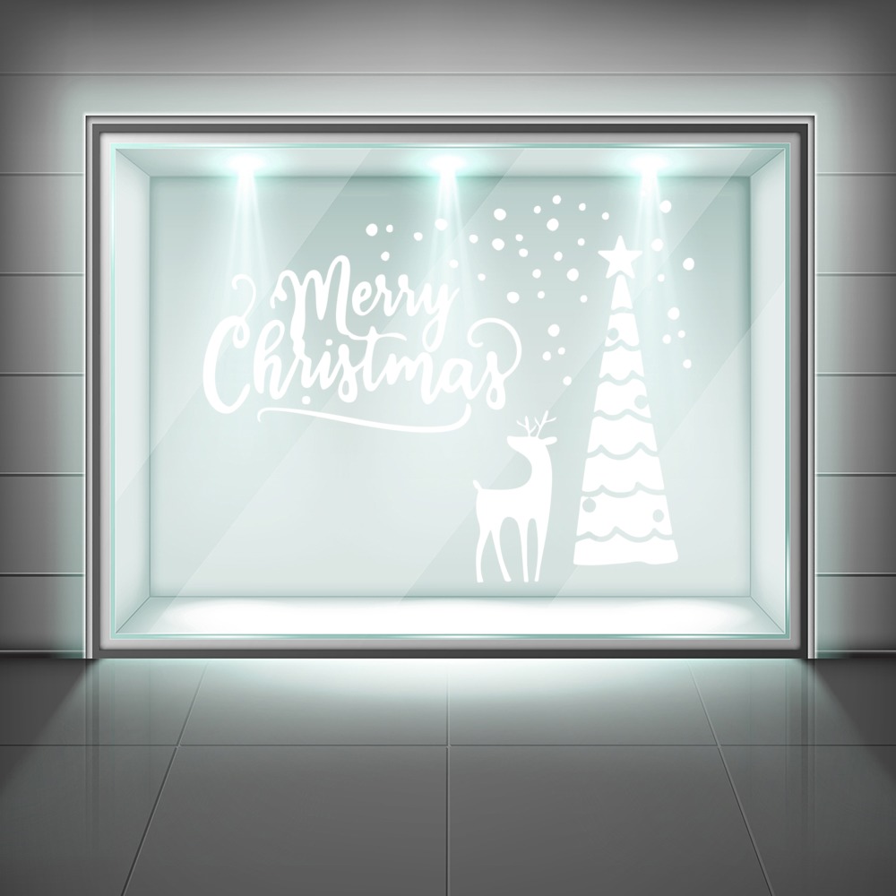 Merry Christmas Tree & Reindeer Design Frosted Window Sticker