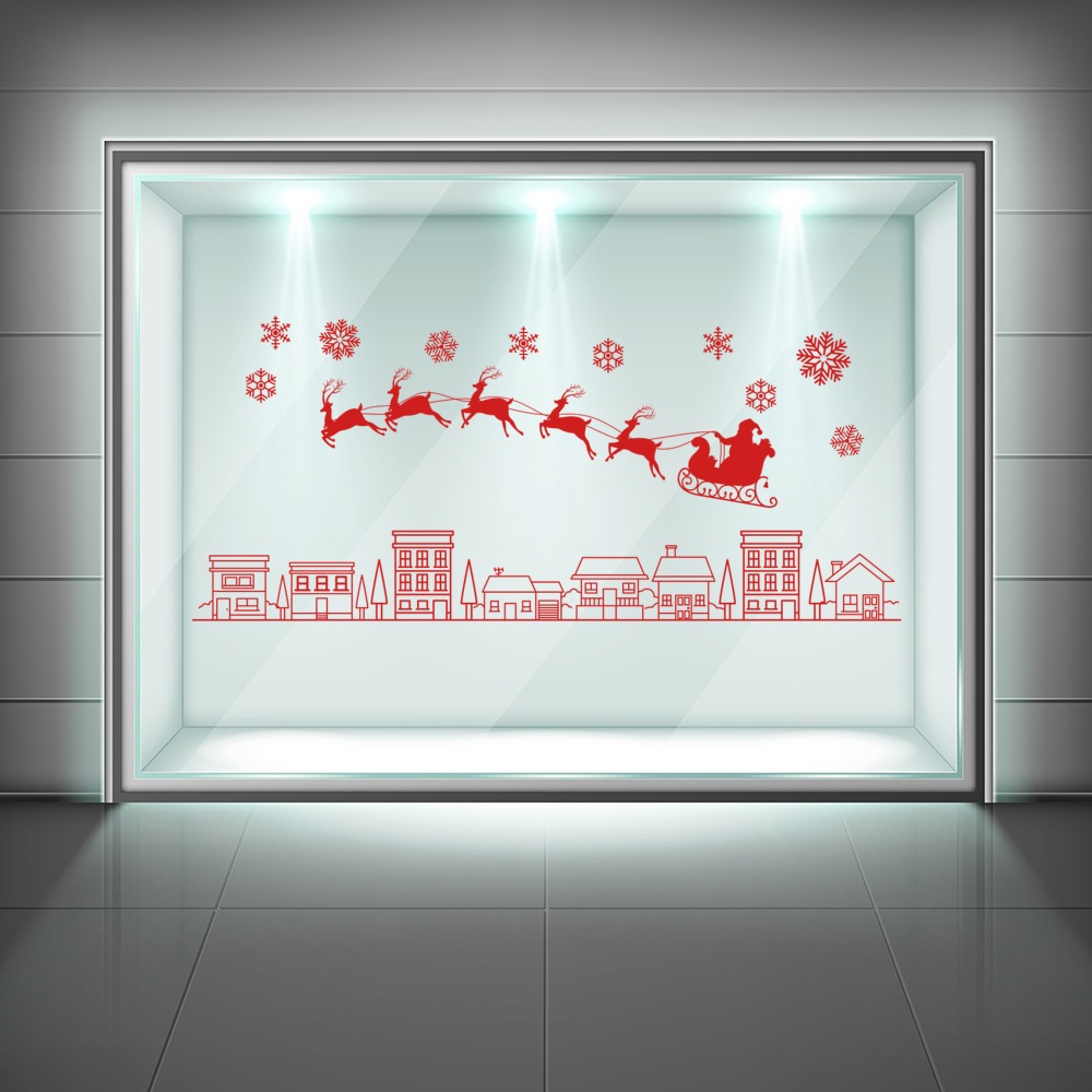 Santa Claus & Reindeer Over City Festive Christmas Window Sticker