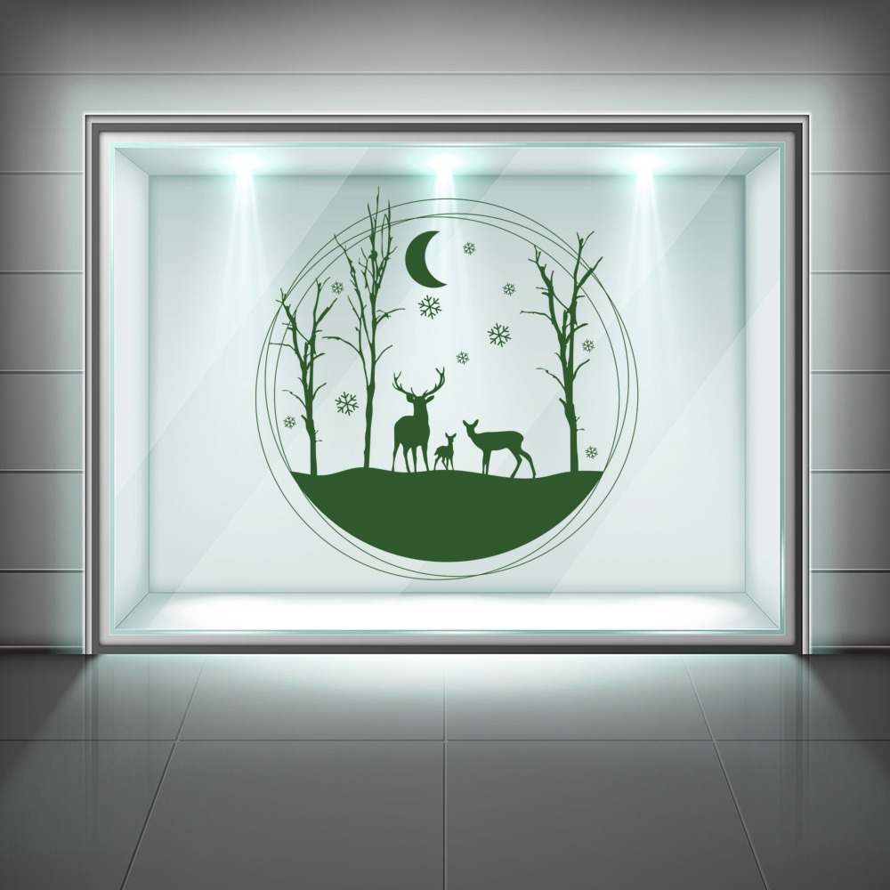 Winter Woods & Deer Christmas Scene Window Sticker