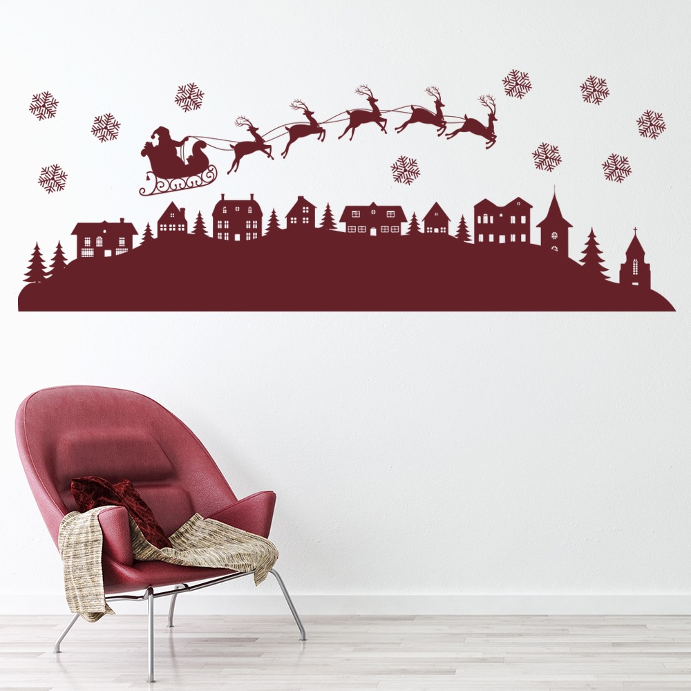 Santa Reindeer Over Christmas Village Wall Sticker