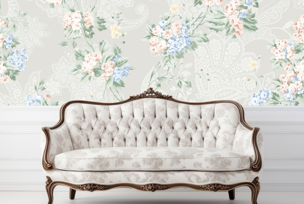 Pink & Blue Pastel Flowers Chinoiserie Wall Mural Wallpaper