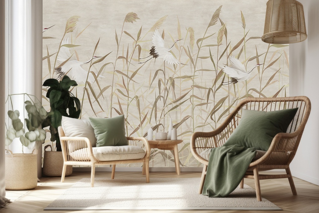 Storks & Reeds Birds Chinoiserie Wall Mural Wallpaper
