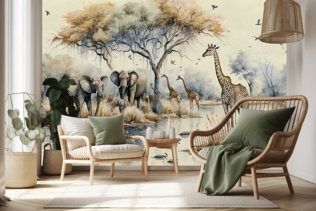 African Jungle Elephant & Giraffe Wall Mural Wallpaper