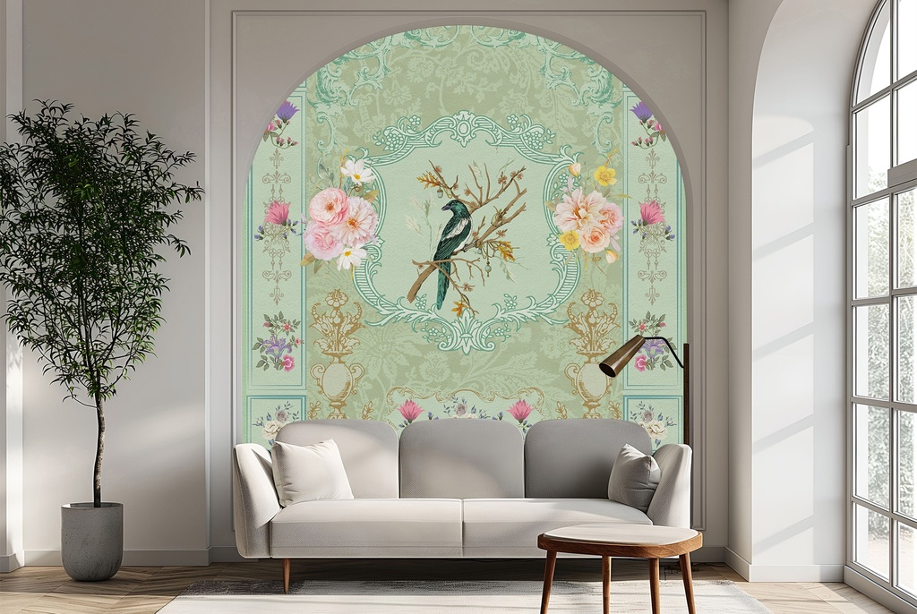 Pink Flowers & Bird Chinoiserie Wall Mural Wallpaper
