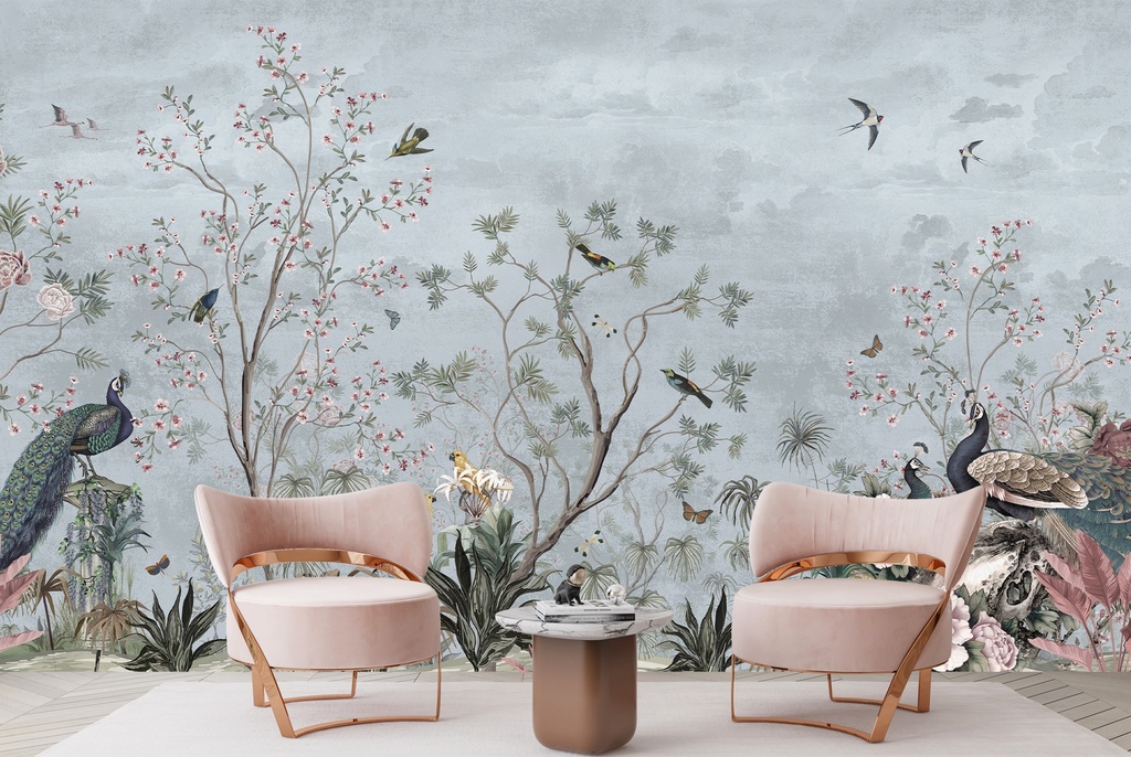 Blue Peacock Jungle Chinoiserie Wall Mural Wallpaper