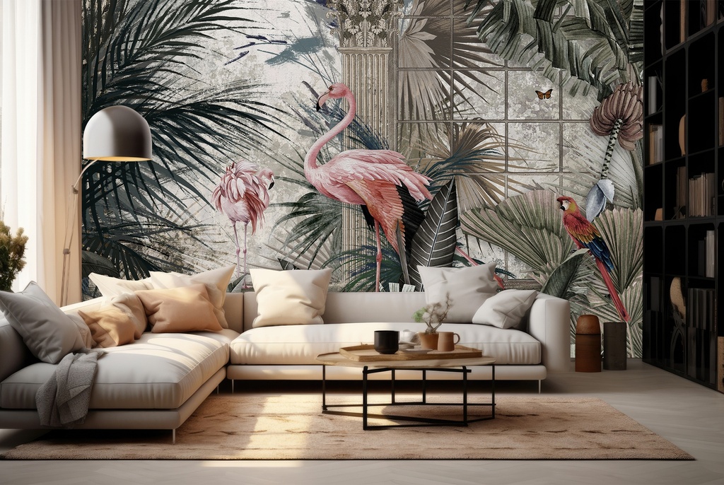 Vintage Flamingo Jungle Forest Chinoiserie Wall Mural Wallpaper