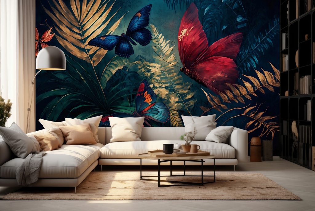 Butterfly & Palm Leaf Jungle Forest Wall Mural Wallpaper