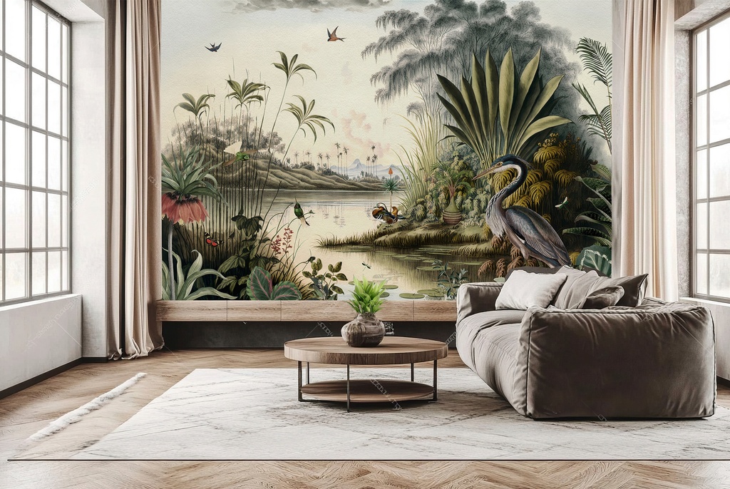 Heron Landscape Vintage Forest Wall Mural Wallpaper